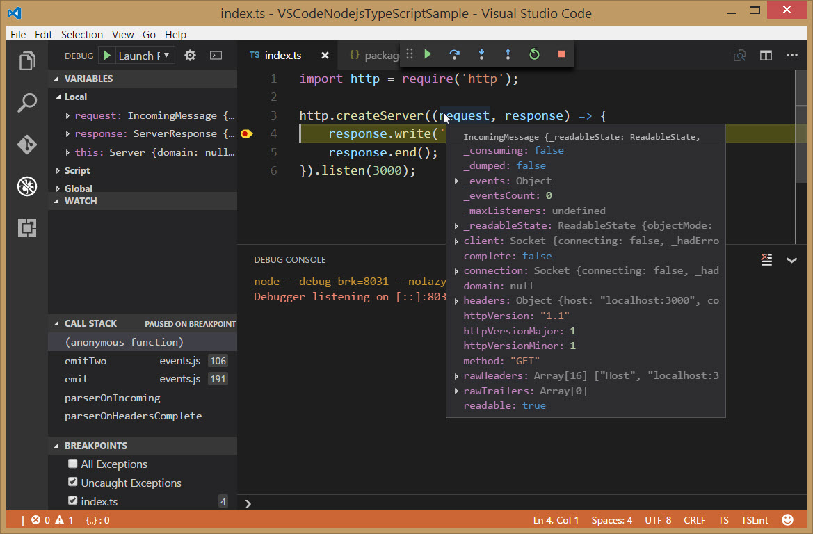 Visual Studio Code - Node.js debugging