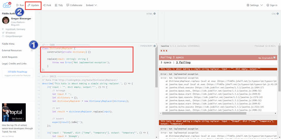 jsfiddle kata mit typescript und jasmine